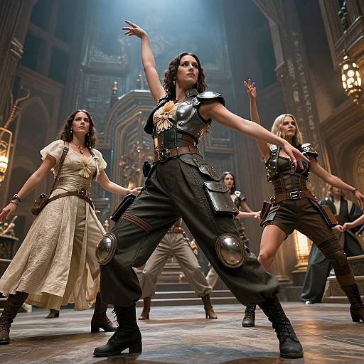 Photograph of a dynamic dance scene in a grand, dimly-lit, Gothic-style hall, featuring five women in warrior outfits with armor and flowing