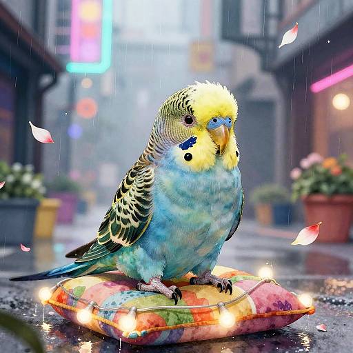 Mischievous Cyan Parakeet in Cyberpunk Alley
