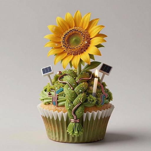 Solarpunk Sunflower Cupcake with Matcha Frosting
