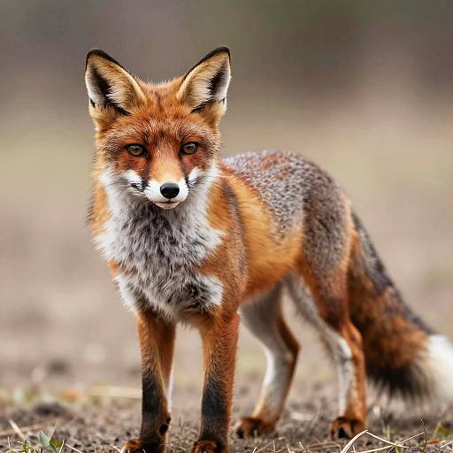 Photograph of a red fox with vibrant orange fur, white chest, black legs, and alert expression, standing on a blurred forest floor.