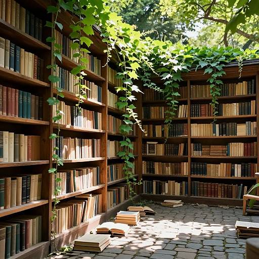 Photograph of a sunlit, leafy library corner with tall wooden bookshelves filled with colorful books, vines hanging down, and stacked books on