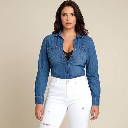 Photograph of a confident woman with long dark hair, wearing a blue denim shirt, black lace top, and white high-waisted pants, standing