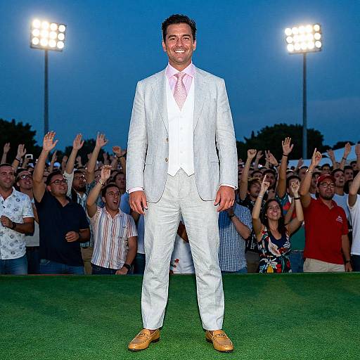 Photograph of a smiling man in a white suit, pink tie, and tan shoes, standing on a grassy field at dusk, with a cheering