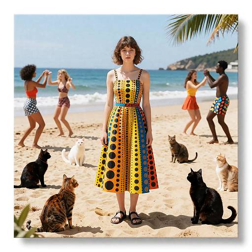 Photograph of a curly-haired woman in a yellow, polka-dot dress standing on a sunny beach, surrounded by cats and people in swimsuits dancing