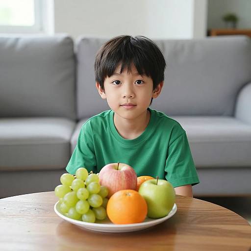 Photograph of an Asian boy with short black hair, wearing a green shirt, sitting at a wooden table with a plate of colorful fruits (grapes
