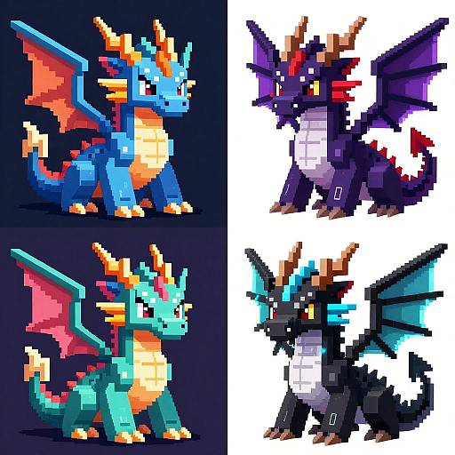 Pixel art comparison of four colorful, pixelated dragons: top-left blue-orange, top-right black-purple, bottom-left turquoise-orange, bottom-right black-blue
