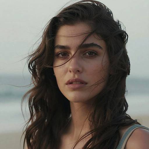 Photograph of a young woman with wavy, wind-blown dark brown hair, brown eyes, and neutral expression, wearing a blue strap top,
