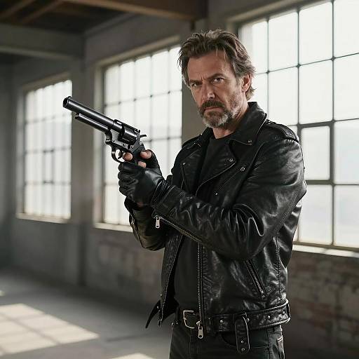 Serious Man with Revolver in Dim Room