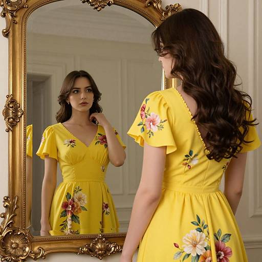 Photograph of a young woman with long, wavy brown hair, wearing a yellow floral dress, standing before an ornate gold mirror, gazing