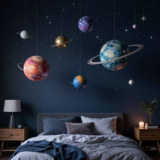 Photograph of a bedroom with a dark blue starry wall featuring hanging, colorful planetary decorations above a neatly made bed with white and grey pillows. Wooden