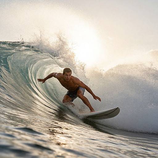 Photograph of a muscular, shirtless male surfer with short brown hair, wearing black board shorts, riding a large, curling ocean wave under