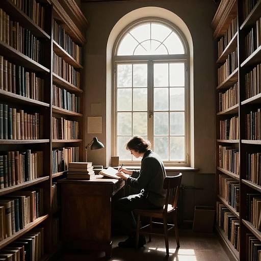 Photograph of a solitary figure with curly hair, seated at a wooden desk in a dimly lit library, writing by sunlight streaming through a large ar