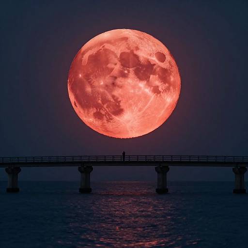 Photograph of a massive, glowing red full moon above a dark, silhouetted pier extending over a calm, dark blue ocean.