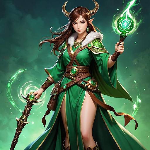 Digital artwork of a sexy, dark-haired, horned female mage with green robes, revealing thigh-high slit, holding glowing green staffs. Fantasy style