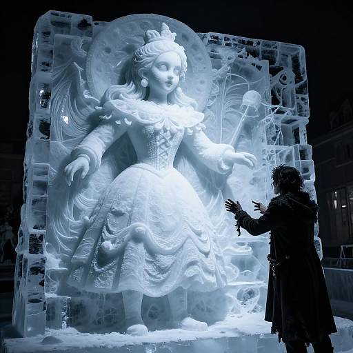 Photograph of a detailed blue-lit ice sculpture of an ethereal, winged woman with flowing dress, seen from the side by a silhou