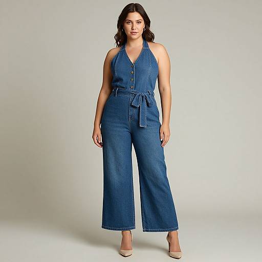 Photograph of a curvy woman with medium skin tone and dark wavy hair, wearing a sleeveless blue denim jumpsuit with buttons and a belt