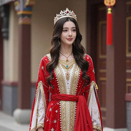 Photograph of an Asian woman with long black hair, wearing a red and gold embroidered traditional dress, silver tiara, and necklace, standing in front