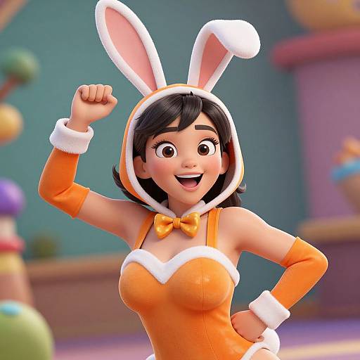 Digital cartoon of an excited young woman with black hair, wearing an orange bunny costume with white fur trim, raising her fist. Background features colorful, blurry