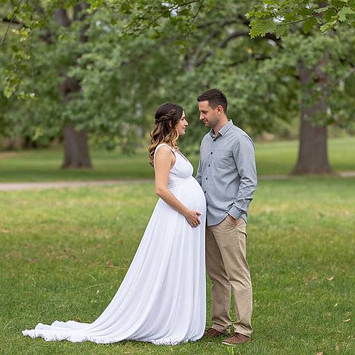 Photograph of a pregnant couple standing in a lush green park, with the woman in a white dress and the man in light blue shirt and khaki