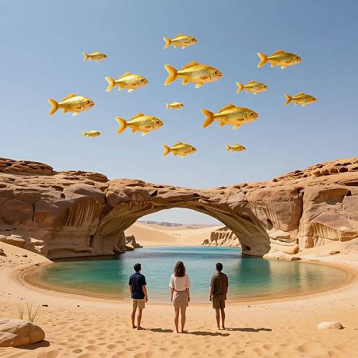 Photograph of a desert oasis with a rocky arch, turquoise water, and yellow fish flying in the clear blue sky. Three people stand at the water