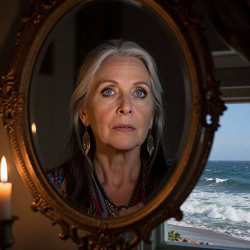 Photograph of an older woman with gray hair and blue eyes, reflected in an ornate oval mirror, overlooking a stormy ocean beach. Candlelight