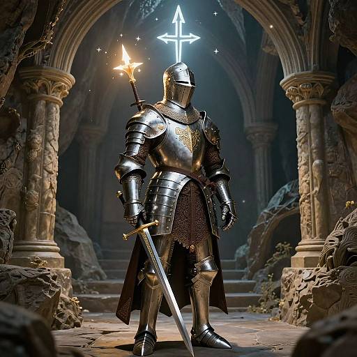 Ornate Medieval Knight in Mystical Cavern