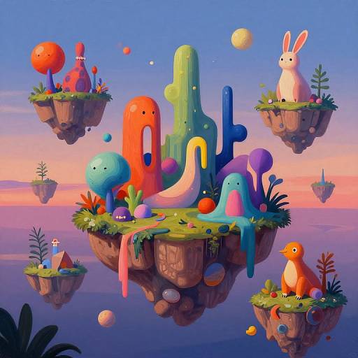 Whimsical digital art of colorful, cartoonish floating islands with abstract creatures, including a bunny, bird, and cactus, set against a vibrant