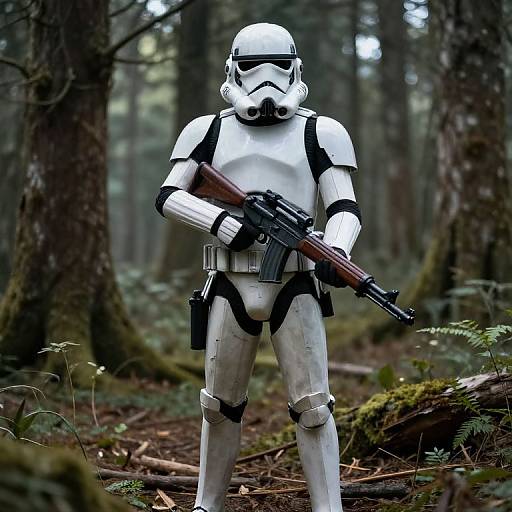 Photograph of a white Stormtrooper holding a rifle, standing in a dense, mossy forest with tall trees and ferns.