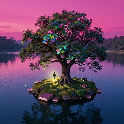 Digital art: Silhouetted figure stands under glowing, colorful tree on floating island, surrounded by pink-purple sunset, calm lake, and wooden boxes