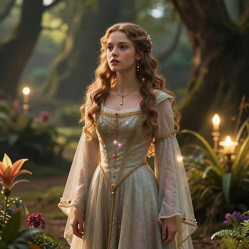 Photograph of a beautiful young woman with long, wavy brown hair in a shimmering, medieval-style dress with gold embroidery, standing in a magical