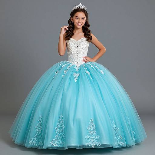 Photograph of a smiling young girl with curly brown hair, wearing a white lace strapless gown and light blue, full-skirted tulle ball