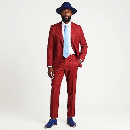 Photograph of a Black man with a beard, wearing a red pinstripe suit, white shirt, navy tie, navy hat, and blue shoes