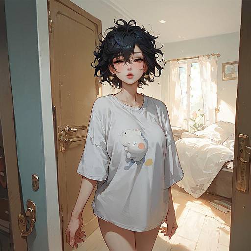 Digital anime-style drawing of a curly-haired woman in a loose white t-shirt with a cat graphic, standing in a sunlit bedroom.