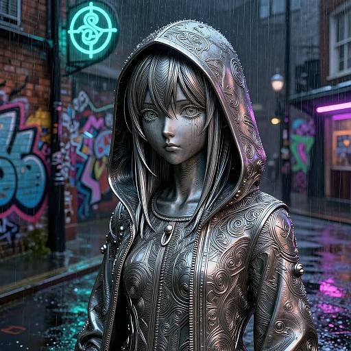 Anime Hood Girl in Sci-Fi Rain