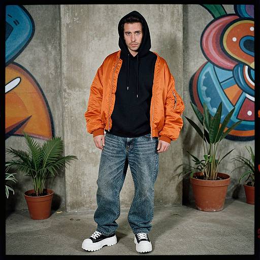 Photograph of a young man with light skin, black hoodie, and orange jacket, standing in front of graffiti-covered concrete wall, wearing blue jeans and