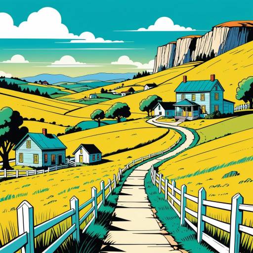 Illustrated Countryside Landscape with Farmhouses