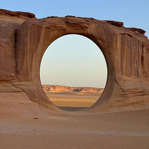 Photograph of a large, natural rock arch in a desert landscape, with a clear blue sky and distant sandstone formations.