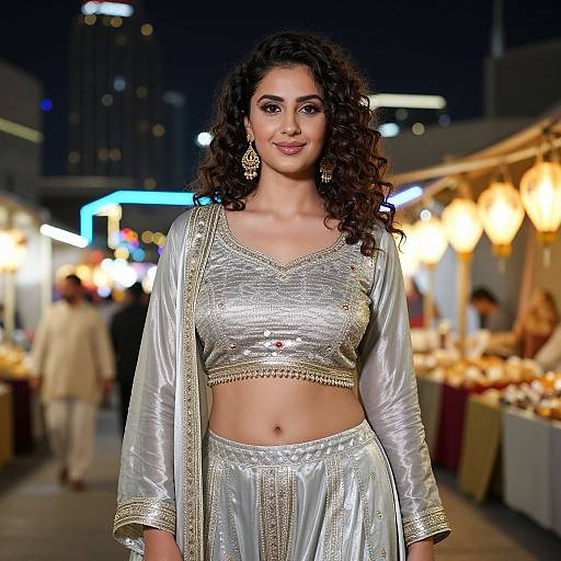 Confident Woman in Silver Salwar at Neon Night Market