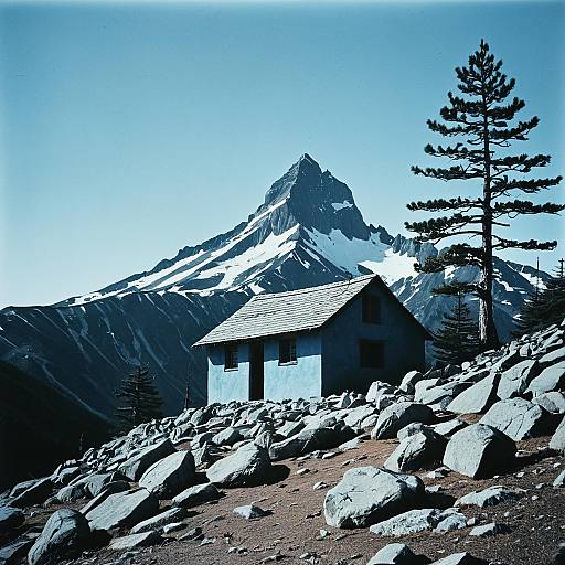 Mountain Hut with Snowy Peak