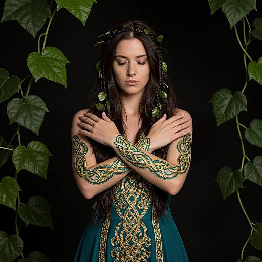 Photograph of a serene, fair-skinned woman with long dark hair, wearing a green Celtic-patterned dress, surrounded by dark green ivy leaves