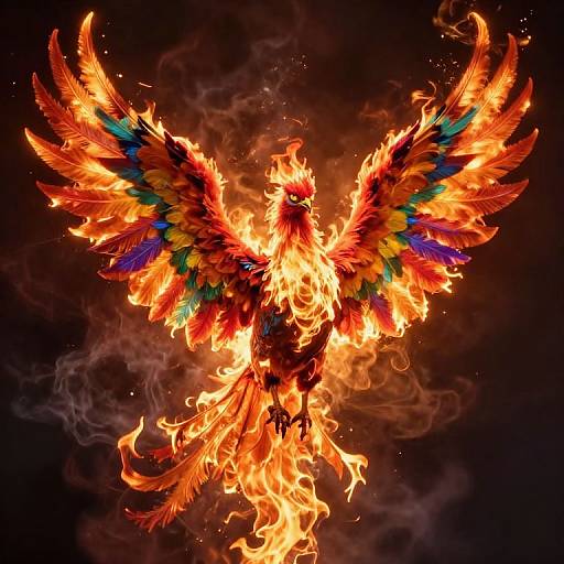 Vibrant digital artwork of a phoenix with fiery orange, red, and yellow feathers, rainbow accents, and wings ablaze against a dark, sm