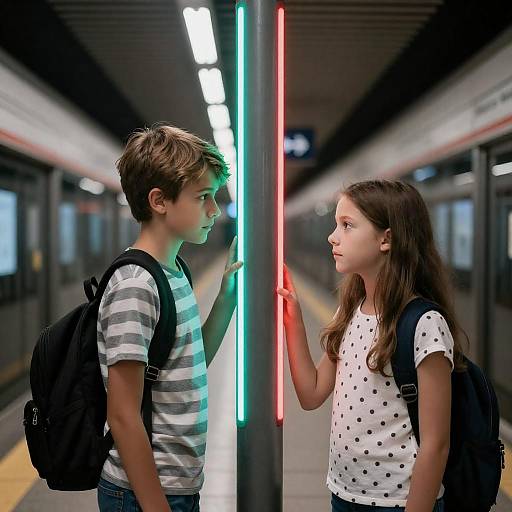 Children on Neon Subway Platform