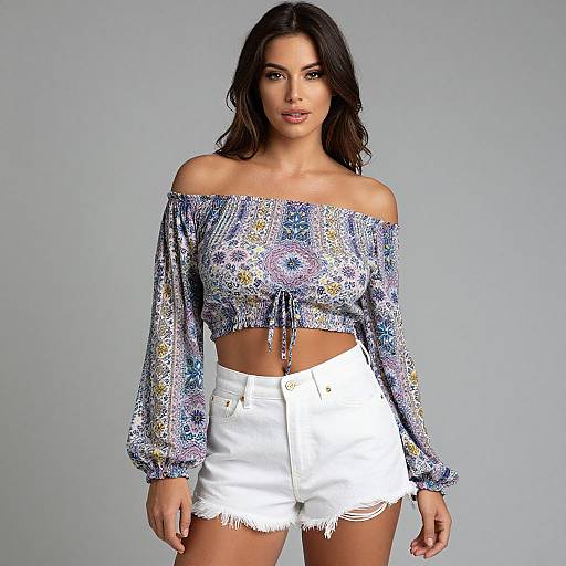 Photograph of a dark-haired woman with light skin wearing an off-shoulder, floral-patterned crop top and white, frayed denim shorts against