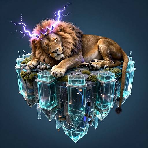 Digital artwork of a lion with electric purple lightning bolts in its mane, lying on a glowing, floating, crystal cityscape.