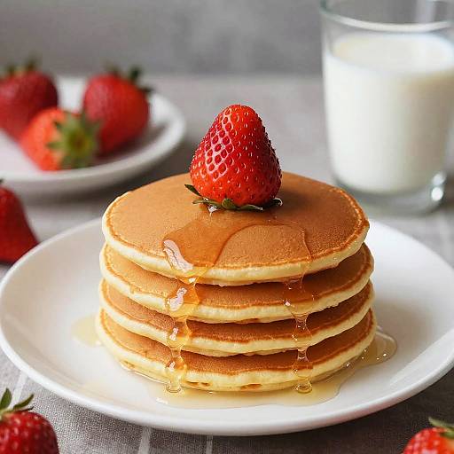 Photograph of golden-brown pancakes with a strawberry on top, drizzled with syrup, on a white plate, with a glass of milk and