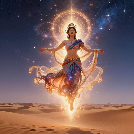 Digital artwork of a radiant, celestial goddess with dark hair, golden halo, and flowing blue and orange dress, floating over a desert under a starry