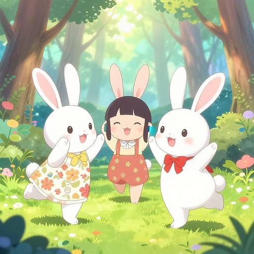 Digital anime-style illustration of a smiling girl with bob-cut hair, wearing red floral dress, joyfully running with two white rabbits in a sunlit forest