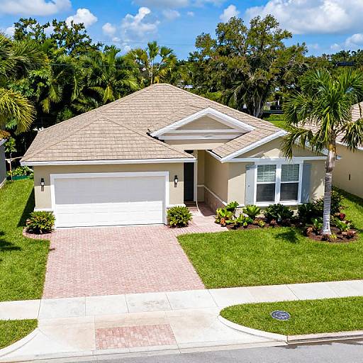 Photograph of a suburban single-story house with beige siding, shingle roof, white garage door, red-brick driveway, manicured lawn, palm