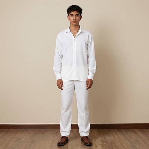 Photograph of a young South Asian man with short curly black hair, wearing a white long-sleeve shirt and matching white pants, standing against a