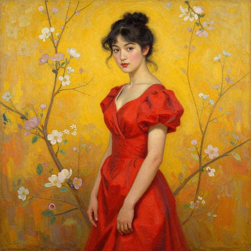 Oil painting of an East Asian woman in a red dress, black hair in a bun, surrounded by white cherry blossoms on a yellow background.